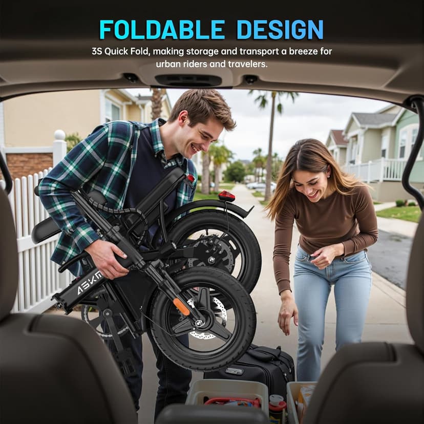 Foldable Electric Bike for Adults and Teens, 700W Peak Motor Ebike with 30-60 Miles PAS Range, 14" Folding Mini E Bike for Commute, Electric Bicycle with 48V Removable Battery