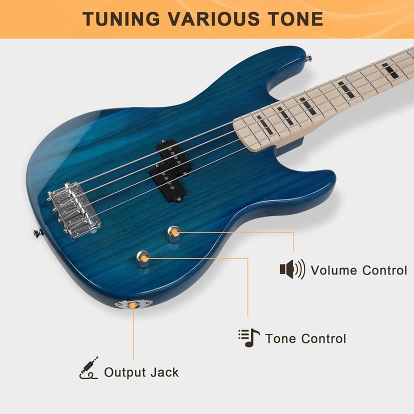 GLARRY GP Series Full Size Electric Bass Guitar 4 String Beginner Kit Canadian Maple Fingerboard with Cable, Strap, Bag and Accessories(Blue)