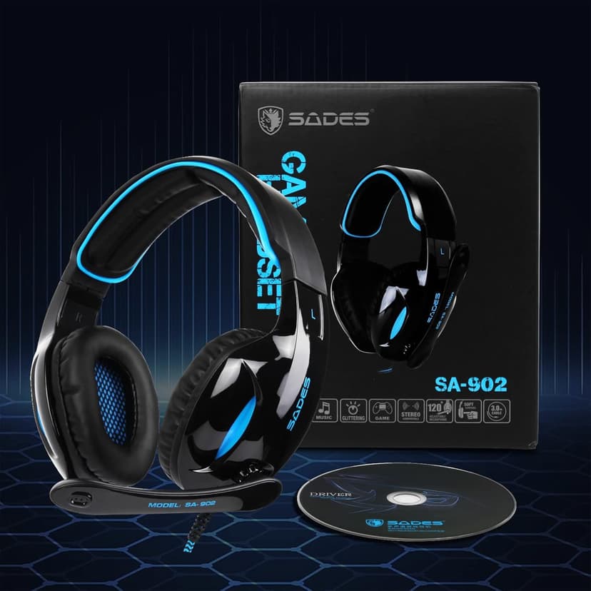 SADES SA902 Stereo Gaming Headset 7.1 USB Surround Sound PC Headsets Over-Ear Gaming Headphones with Microphone LED Light Black Blue