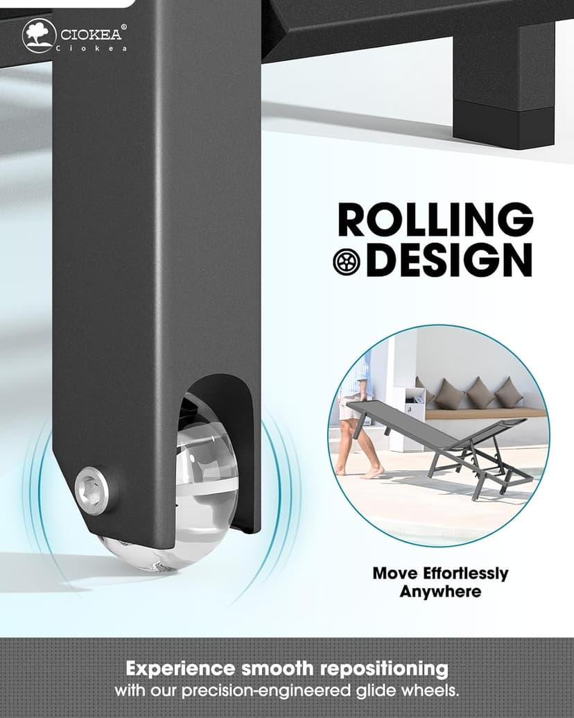 Ciokea Aluminum Chaise Lounge Chair Outdoor with Wheels, Patio Lounge Chair with Adjustable 5-Position Recliner and Full Flat Tanning Chair for Patio, Beach, Pool, Grey