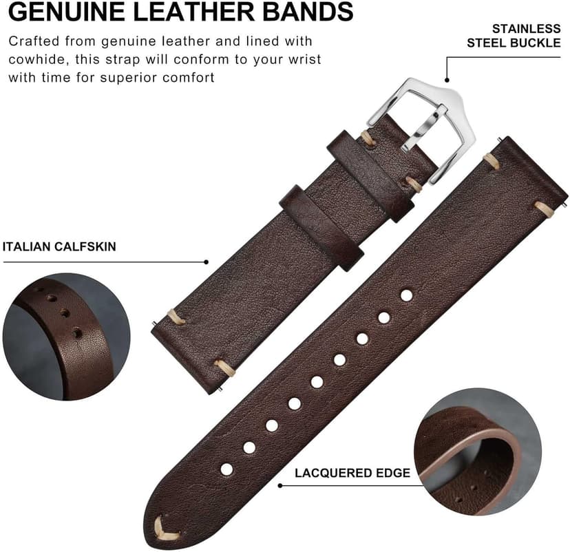 BISONSTRAP Men's Watch Bands, Hand-Stitched Leather Watch Straps, Quick Release, 18mm 19mm 20mm 21mm 22mm