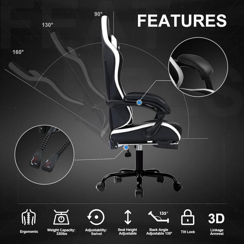 GTPLAYER Gaming Chair High Back Computer Chairs with Foot Rest for Adults, Ergonomic Height Adjustable Recliner Chair 300lbs with Linkage Armrest and Lumbar Support for Home Office, White