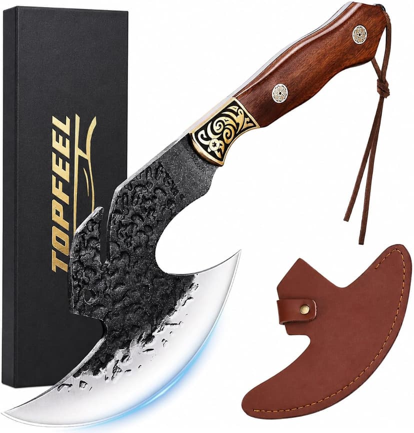High carbon steel kitchen axe for meat cutting. Ideal for outdoor BBQ & camping. Premium birthday gift box for men & dad Topfeel Hand Forged Meat Cleaver,6.2" Viking Knife with Sheath gift for men B0FVSNSCRK