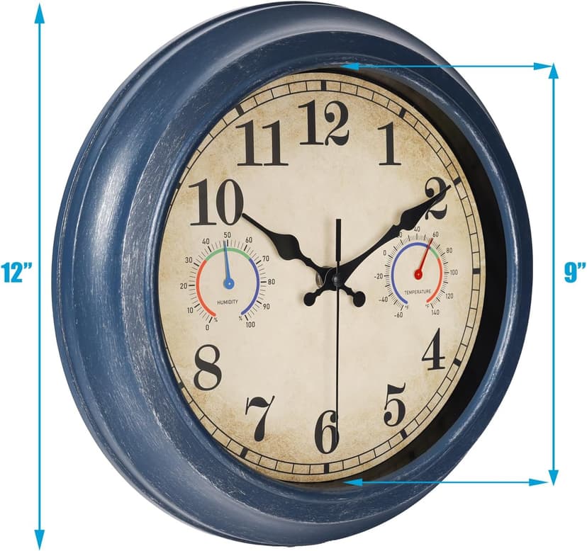 12 Inch Outdoor Clock with Thermometer and Hygrometer Combo, Waterproof Indoor Outdoor Wall Clocks for Patio, Pool, Garden, Bathroom Decor- Blue