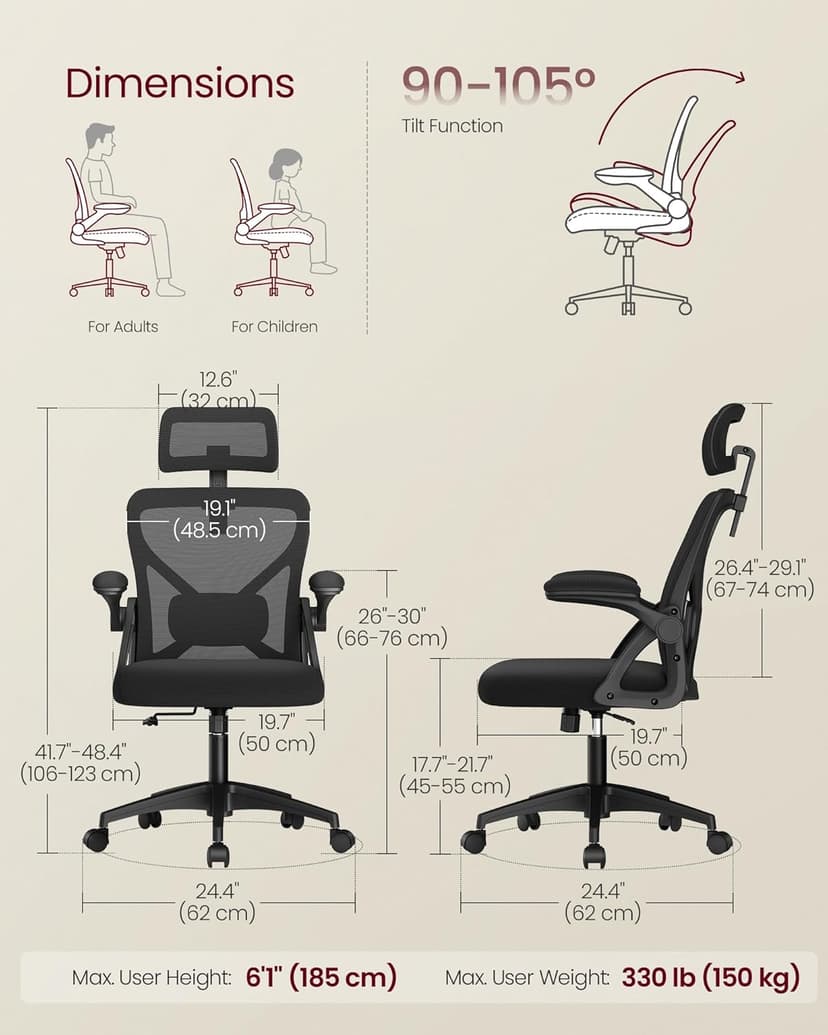VASAGLE Ergonomic Mesh Office Chair with Adjustable Lumbar Support and Headrest, 90-105° Tilt Function, Wide Seat, Flip‑Up Armrests, Computer Desk Chair for Home Office, Ink Black UOBN044BH01S