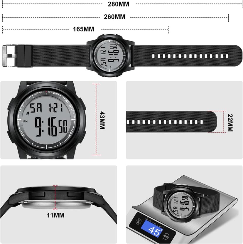 HANPOSH Mens Digital Watch Ultra Thin Minimalist Sports Waterproof Outdoor LED Screen Large Face Wrist Watches for Men with Back Light Alarm Date Stopwatch