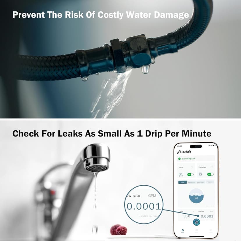 Frizzlife LP365 Smart Water Monitor and Automatic Shutoff - 0.01GPM Ultrasonic Micro Leak Detection, APP Wi-Fi Remote Control, Real-Time Flow/Temp Monitoring, 24/7 Water Usage Reports, 3/4" and 1"