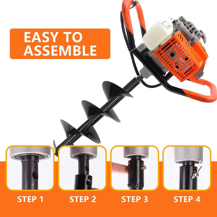 72CC Auger Post Hole Digger, 2 Stroke Gas Powered Earth Post Hole Digger with 2 Auger Drill Bits(6" & 8") + 1 Extension Rods for Farm Garden Plant, Orange (72CC)