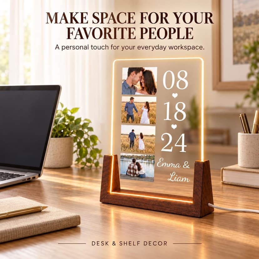Personalized Couple Gifts, Custom Acrylic Photo Plaque with 4 Photos, Names & Date, Anniversary Keepsake with Wooden Base, Birthday Gifts for Wife, Husband, Girlfriend or Boyfriend B0HJZ6XZV6