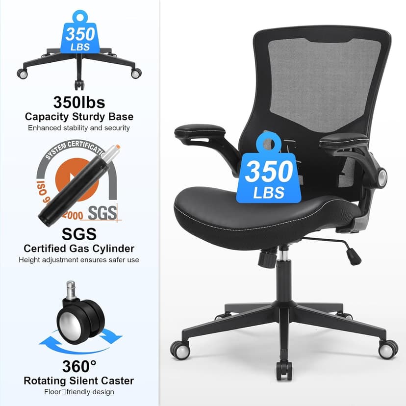 Office Chair, Ergonomic Desk Chair with Adjustable Lumbar Support, Breathable Mesh Computer Chair with Flip-up Armrests, 350lbs Comfy Swivel Task Chairs for Home Office, Black