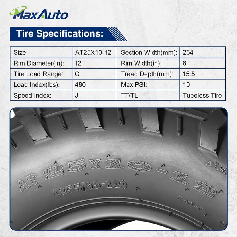 MaxAuto Set of 4 UTV ATV Tires 25x8-12 Front & 25X10-12 Rear Tire, 6PR Tubeless, Four Wheeler Tires All Terrain Tire 25x8x12 Sport Mud-tires 25x10x12 Off Road tire, 4 Pack in 2 Packages