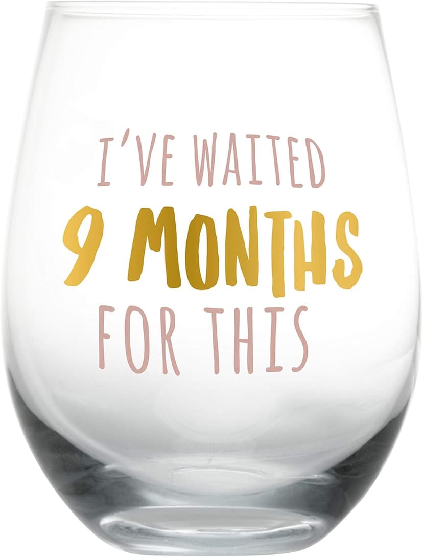 Pearhead I’ve Waited 9 Months For This Stemless Wine Glass, Perfect for Mother’s Day, Ideal Gift for Baby Shower, Post Pregnancy, New and Expecting Moms, Pink and Gold, 16 Oz
