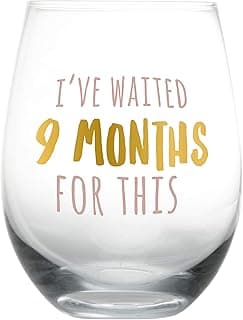 Pearhead I’ve Waited 9 Months For This Stemless Wine Glass, Perfect for Mother’s Day, Ideal Gift for Baby Shower, Post Pregnancy, New and Expecting Moms, Pink and Gold, 16 Oz