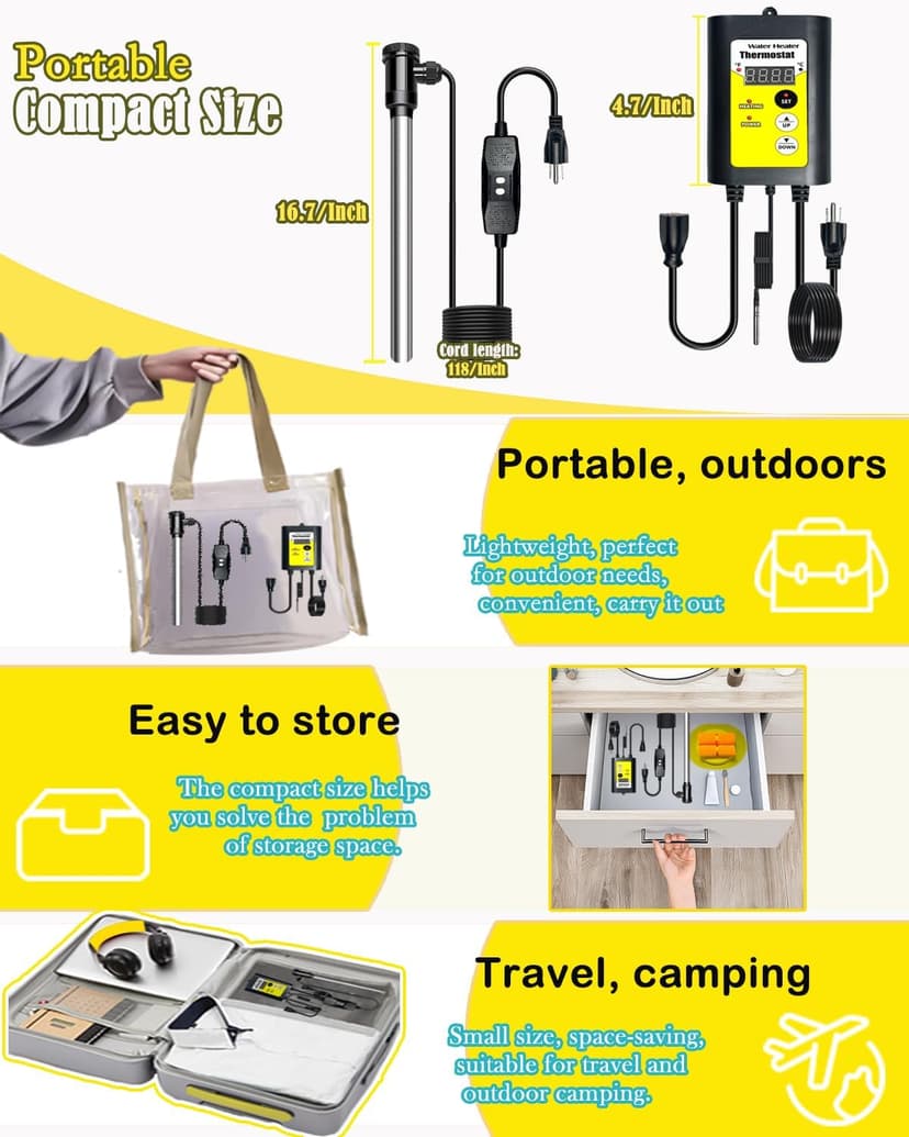 2000W Bathtub Heater | Pool Heater for Above Ground Pools, Portable Extra Baptistry Heaters for Baptismal Water Warmer, Inflatable Hot Tubs Warmer -120V Immersion Water Heaters for Bathtub
