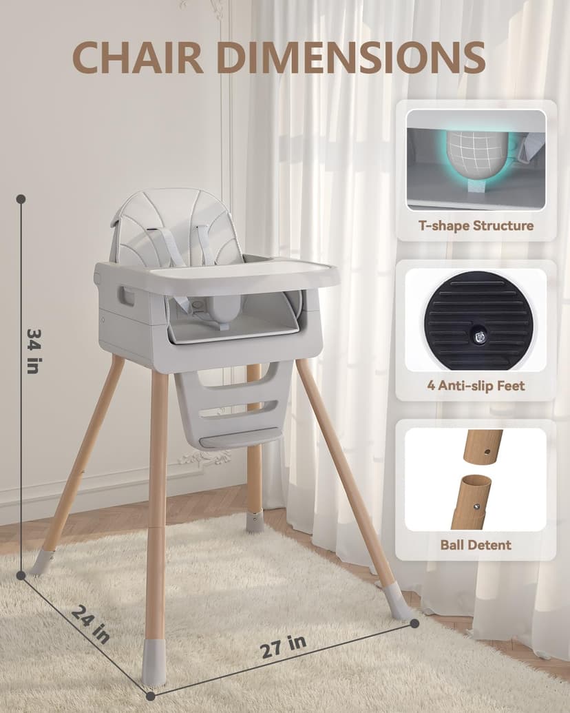 Baby High Chair for 6 Months+, Foldable High Chairs for Babies and Toddlers, Convertible High Chair, Adjustable Tray & Footrest, Portable High Chair & Easy to Clean(Grey with Wood Grain)