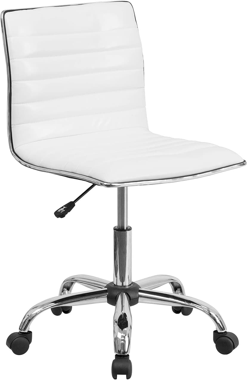 Flash Furniture Alan Low-Back Ribbed Upholstered Vinyl Swivel Desk Chair with Padded Seat, Modern Adjustable Height Padded Office Chair, White