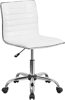 Flash Furniture Alan Low-Back Ribbed Upholstered Vinyl Swivel Desk Chair with Padded Seat, Modern Adjustable Height Padded Office Chair, White