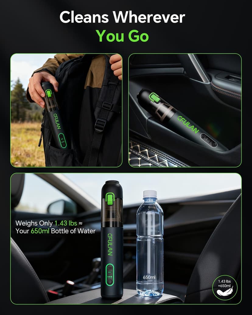 Car Vacuum Portable Cordless, 21KPa 4-in-1 Handheld Mini Vacuum Cleaner with 8 Attachments, 3 Suction Modes, One-Touch Empty, Type-C Charge, Hand Vacuum for Car, Home, Keyboard, Small Job