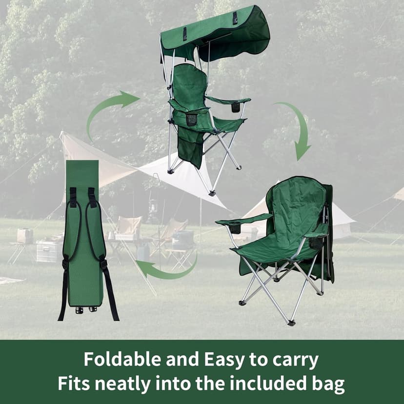 Portable Camping Chair with Canopy Shade - Folding Lounge Chair with Cup Holder & Side Pocket for Outdoor Camping, Fishing, Beach - Support 330 LBS - Green