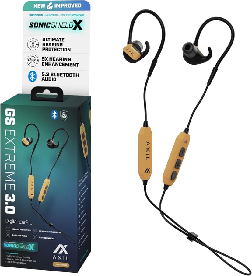 AXIL GS Extreme 3.0 Shooting Ear Protection – Desert Tan - Hearing Enhancement & Noise Isolation Bluetooth Earbuds – 5X Hearing Protection for Shooting, Travel, Work and Concerts