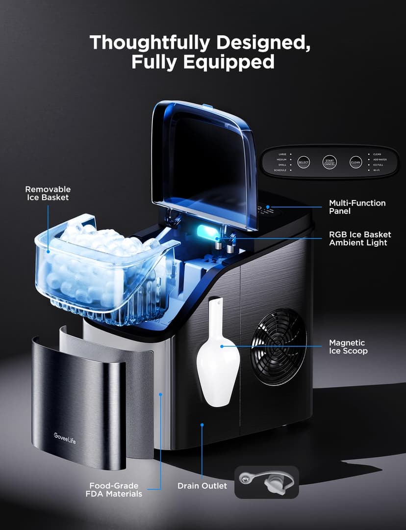 GoveeLife Smart Ice Maker Countertop, Portable Ice Machine with Voice Control, 9 Ice Cubes in 6 Minutes 3 Sizes, 26lbs/24Hrs, Self Cleaning RGB Lights, Quiet Ice Maker with Scoop for Kitchen Silver