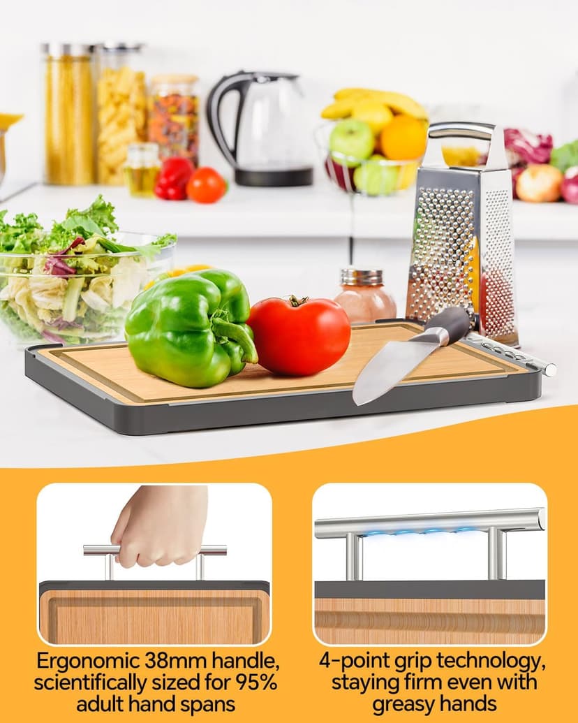 Cutting Boards for Kitchen - Food Grade Double Sided Pure Titanium& Bamboo Chopping Board with Handle, Slip resistant Non-toxic Charcuterie Board Housewarming Gifts (16×11)
