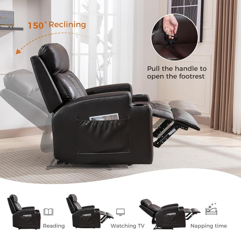 CANMOV Manual Recliner Chair with Massage and Heat,Breathable Leather Recliner Chair with Armrest and Backrest, Manual Reclining Single Sofa with 2 Cup Holders, Side Pocket for Living Room,Dark Brown