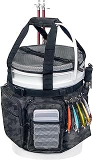 WTVIDAS Fishing Bucket Organizer with Bucket Cover, Ice Fishing Tackle Bag with Rod & Plier Holder, Multi-Pockets for 5 Gallon Bucket Fishing Gear & Accessories