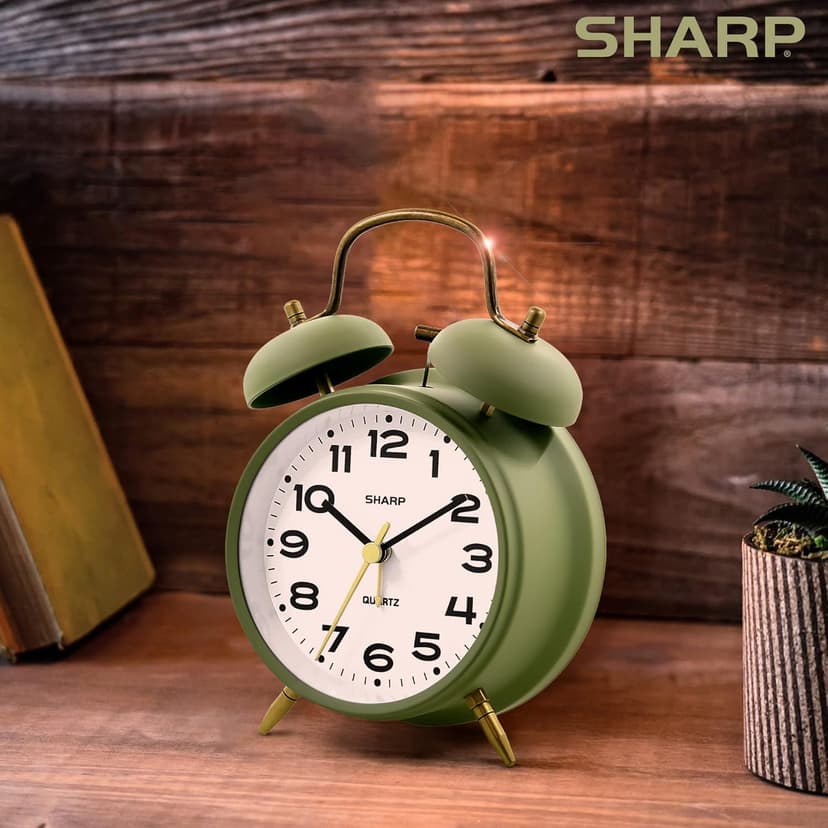 Sharp Twin Bell Alarm Clock, Loud Alarm Great for Heavy Sleepers - Stylish Matte Finish with Rustic Bronze Accents, Battery Operated (Matte Sage)