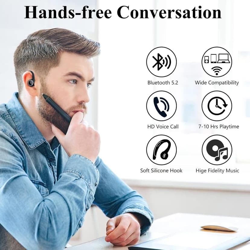 Bluetooth 5.2 Headset, Single Ear Earpiece Earphone with Mic, Hook, Noise Cancelling Headset for Business, Trucker, Driver, Wireless Bone Conduction Headphone with Ear Caps (S/M/L) for iPhone Android