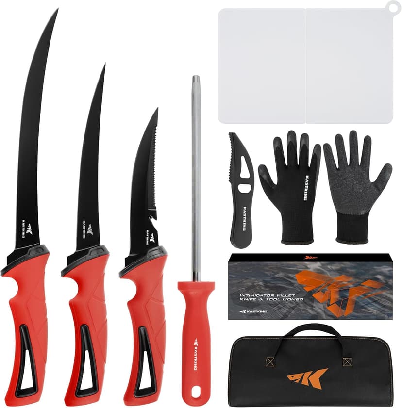 KastKing Intimidator Fillet Knife Set – G4116 German Stainless-Steel Blades, Non-Slip Handle, Includes Folding Fillet Board, Fish Scaler, Rubber-Coated Gloves, Honing Rod, and Durable Storage Bag