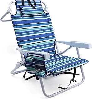 Yestomo Beach Chairs for Adults Heavy Duty, Compact Portable Lay Flat Folding Chair with Backpack Straps and Large Cooler Pouch, Support to 350LBS (Stripes_Blue&Cyan)
