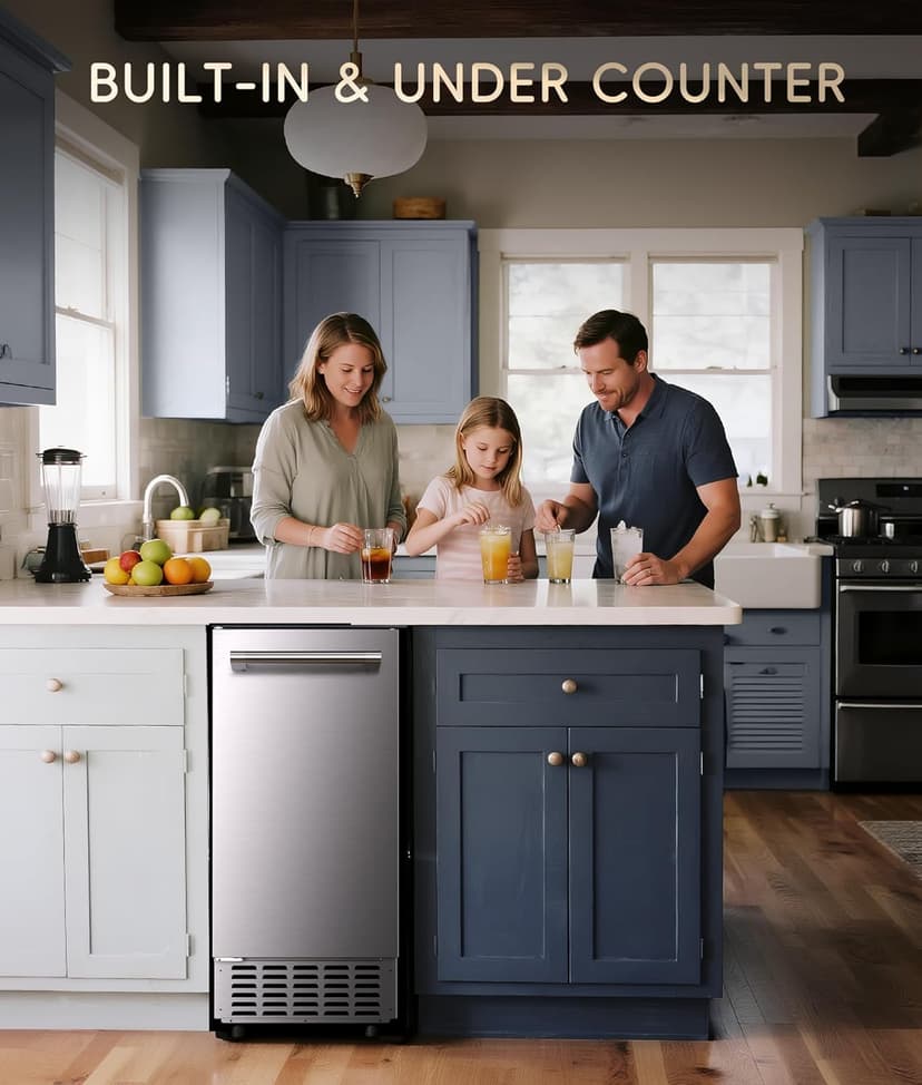 ecozy Under Counter Nugget Ice Maker Machine, Bulit-in & Freestanding, Horizontal Handle, Reversible Door, 66 Lbs/Day, Thickened Viewing Glass Window, Self-Cleaning & 24H Timer, Stainless Steel