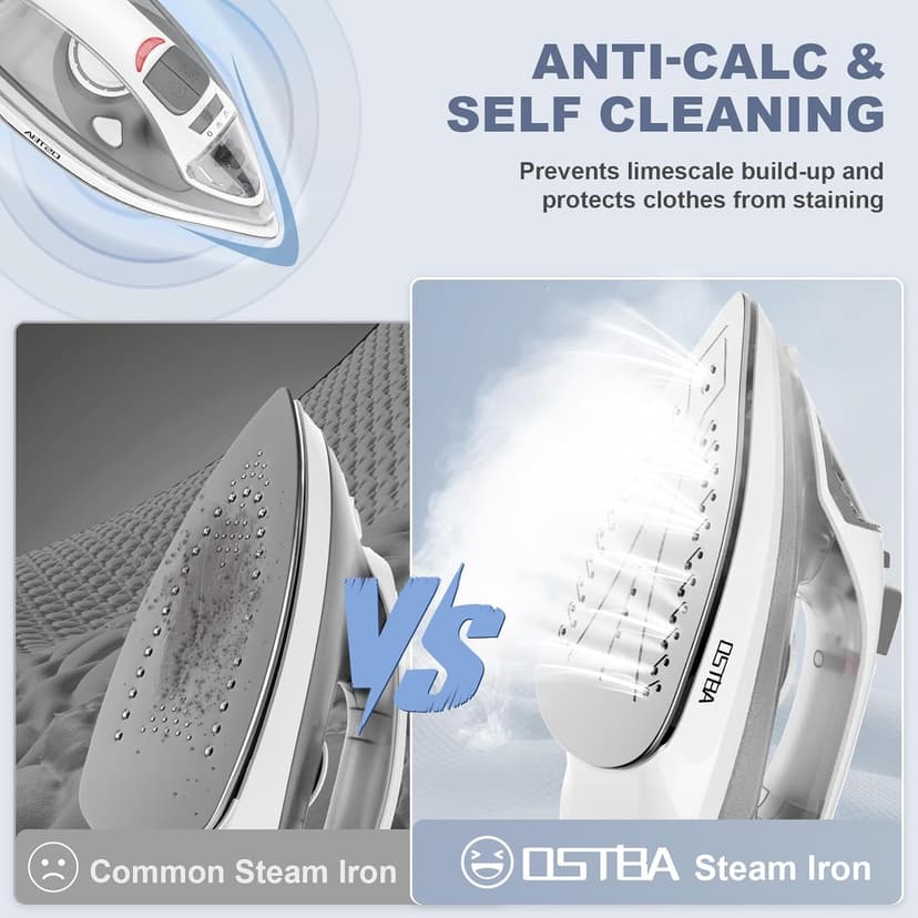 OSTBA 1600W Steam Iron for Clothes with Rapid Heating Nonstick Soleplate, Precise Thermostat Dial, Self-Cleaning, Anti-limescale, Drip Stop Function, 300ml Water Tank Clothes Iron