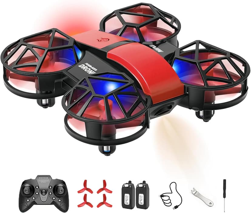 Red Mini Drone for Kids, Indoor & Outdoor RC Quadcopter, Full Propeller Guards, LED Light, 3D Flips, One Key Start, Headless Mode, 2 Rechargeable Batteries, 21 Mins Total Flight Time, Toy Gift for Boys and Girls