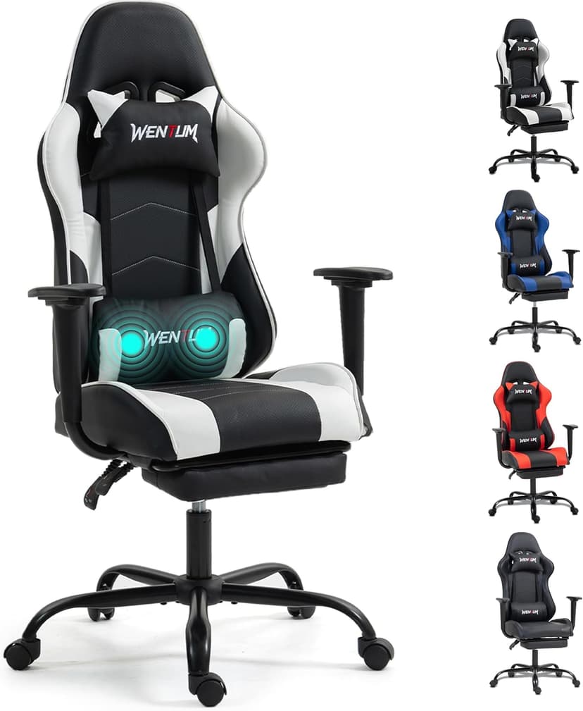Gaming Chair with Footrest, Ergonomic PC Desk Chair with Headrest and Massage Lumbar Support, Video Game Chair with Height Adjustable High Back for Home Office, PU Leather, White