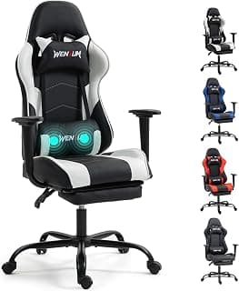 Gaming Chair with Footrest, Ergonomic PC Desk Chair with Headrest and Massage Lumbar Support, Video Game Chair with Height Adjustable High Back for Home Office, PU Leather, White