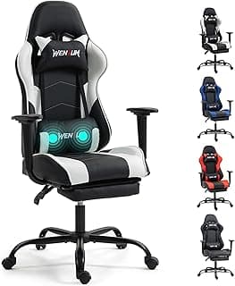 Gaming Chair with Footrest, Ergonomic PC Desk Chair with Headrest and Massage Lumbar Support, Video Game Chair with Height Adjustable High Back for Home Office, PU Leather, White