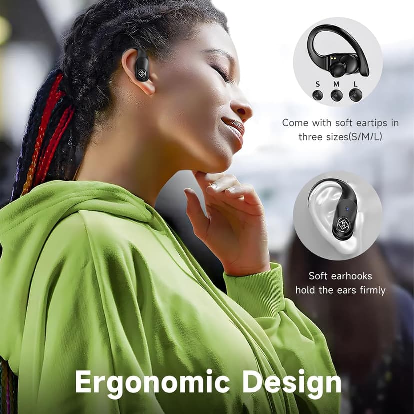 Wireless Earbuds Bluetooth Headphones 96H Playtime LED Display Waterproof Built in Mic Deep Bass Sound Secure Over Ear buds Earhooks for iPhone Android Samsung Cell Phones Sport Workout Gaming Running