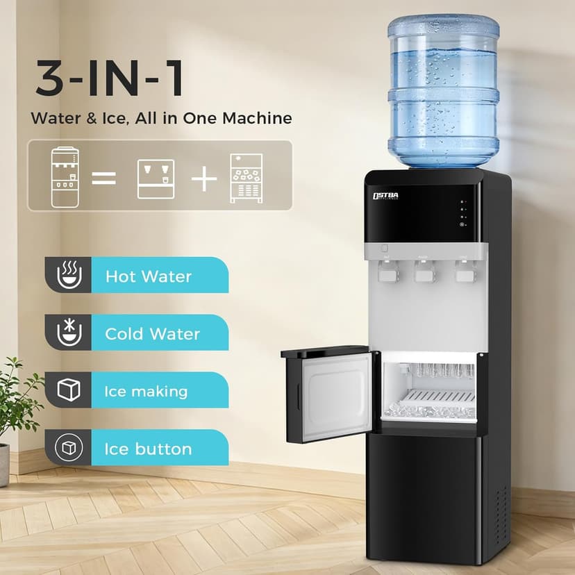OSTBA Water Dispenser with Ice Maker for 3 & 5 Gallon Bottles, Top Loading Water Cooler with Hot Cold & Room Temperature Water, Bullet Ice Maker, Child Safety Lock for Home Office