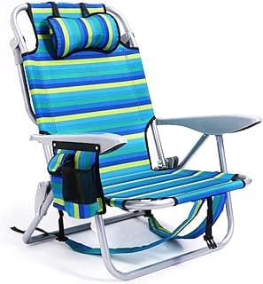 Portable Beach Chair for Adults, Outdoor Camping Chair Lay Flat Folding Backpack Beach Reclining Chair with 5 Positions, Headrest, Cup Holder, Heavy Ocean Striped