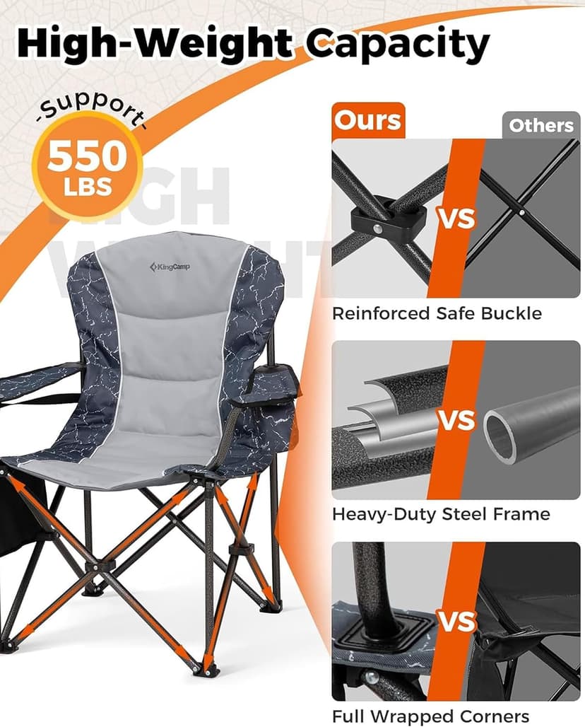 KingCamp Oversized Camping Chair with Adjustable Lumbar Support, 550lbs Heavy Duty Padded Folding Lawn Chair for Adults, Outdoor Armchair with Cooler Bag, Cup Holder & Side Pocket for Fishing, Travel