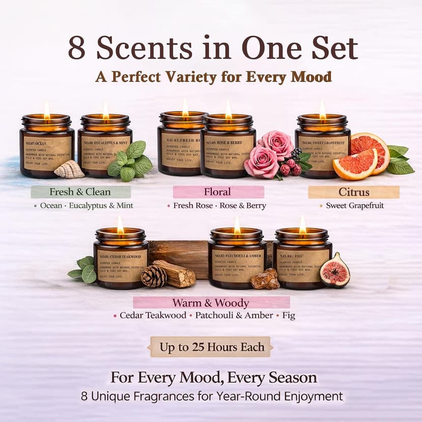 8 Pack Candles for Home Scented,Aromatherapy Jar Candle Gifts for Women, Natural Soy Wax Amber Candle Set, Scented Candles Set for Birthday Valentine Mother's Christmas Day Present