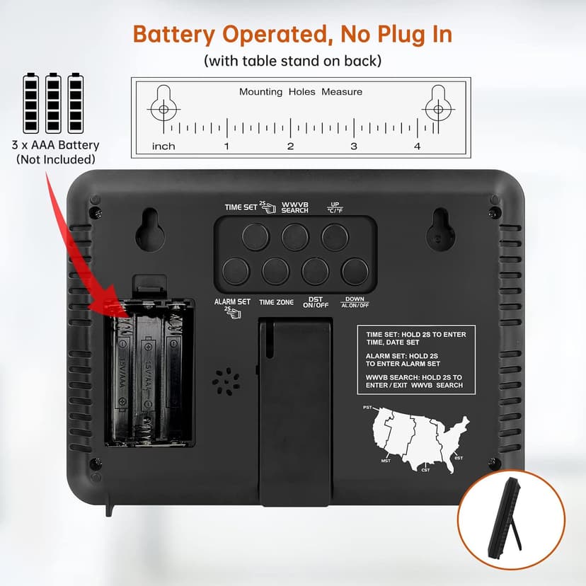 WallarGe Atomic Digital Wall Clock Battery Operated, Self-Setting, Large Display with Temperature, Date, Day of The Week, Silent Wall Mount Digital Clock, 4 Time Zones, DST