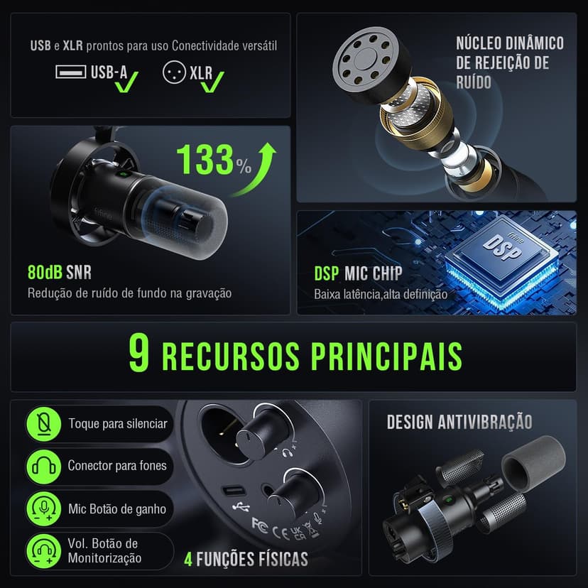 FIFINE K688 Podcast Microphone Kit, USB/XLR Dynamic Microphone with Boom Arm for PC/XLR Mixer, Gaming Mic with Mute Button, Headphone Jack for Vocal, Voice-Over, Streaming, Music Recording -K688CT