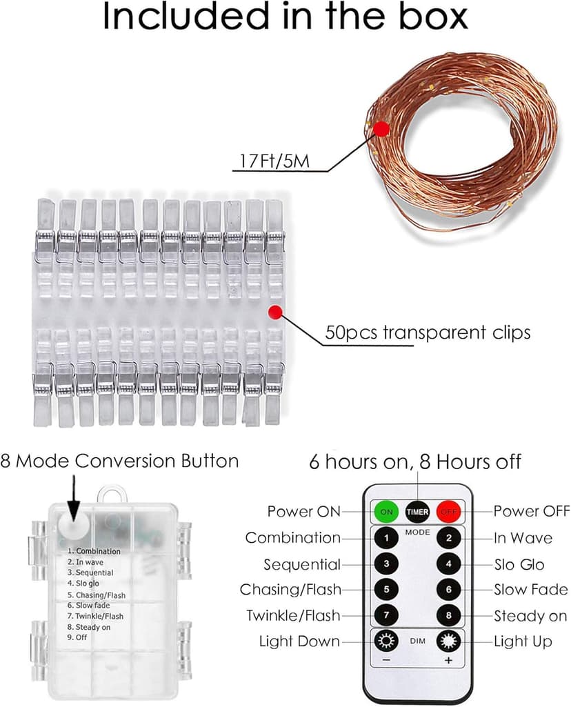LECLSTAR 50 LED Photo Clips String Lights, 17ft with Remote - 8 Modes Fairy Lights to Clip on Pictures, Photos, Cards