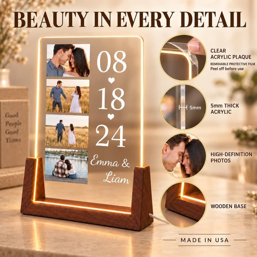 Personalized Couple Gifts, Custom Acrylic Photo Plaque with 4 Photos, Names & Date, Anniversary Keepsake with Wooden Base, Birthday Gifts for Wife, Husband, Girlfriend or Boyfriend B0HJZ6XZV6