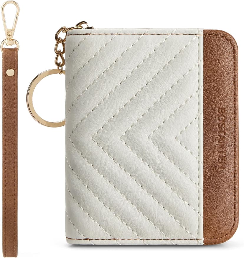 BOSTANTEN Credit Card Holder Wallet RFID Blocking Leather Small Wallet for Women Zipper Keychain Wallet with Wristlet Beige＆Brown