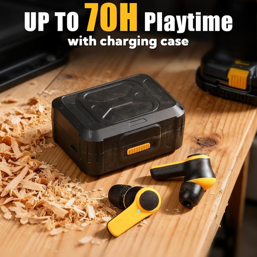 ToolFun Bluetooth 6.0 Jobsite Earbuds, 70H Playtime, IP56 Waterproof, 30dB SNR Noise Cancelling, ENC, Heavy Duty True Wireless Ear Buds for Outdoor Work, Construction with 12pcs Earplugs