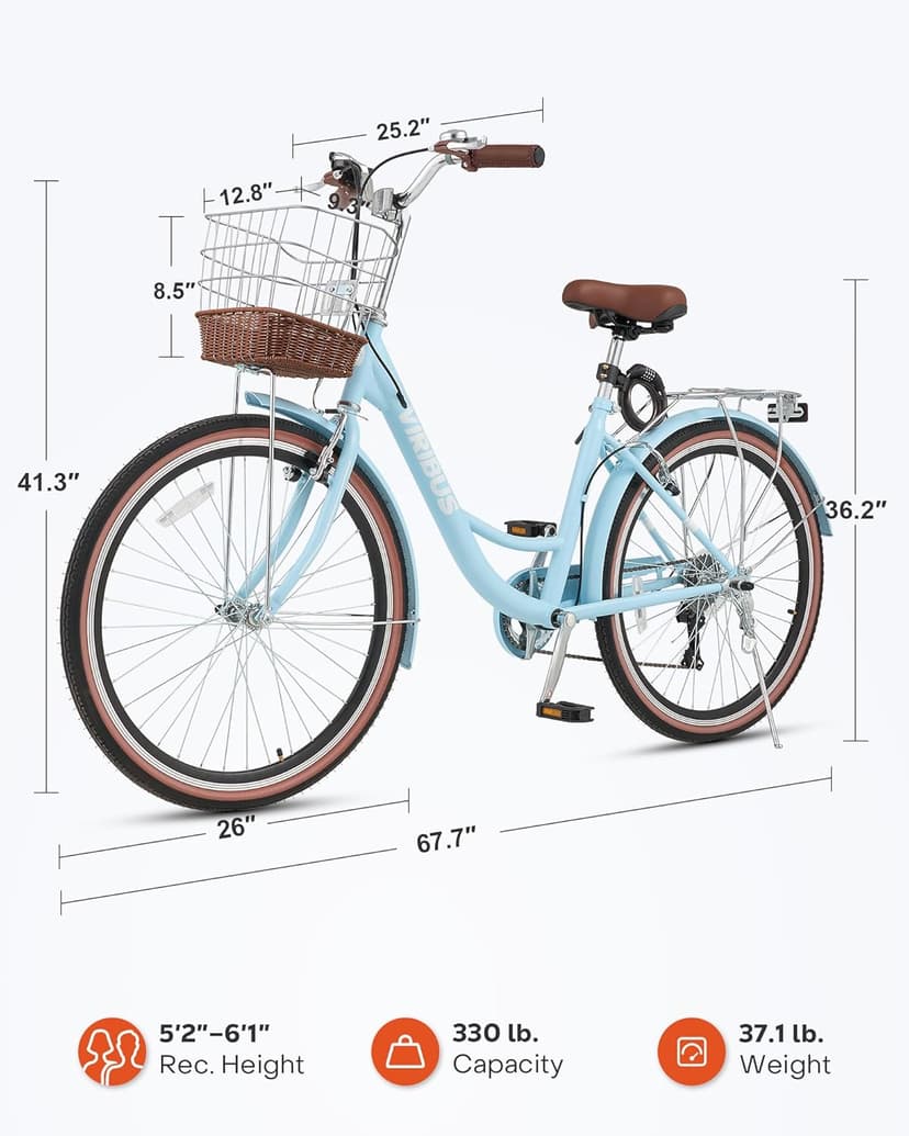 VIRIBUS Womens Cruiser Bike, 7 Speed Beach Cruiser Bike for Women, 26 inch Women Bicycle with Rattan Basket, City Commuter Vintage Retro Step Through Bicycle for Female Ladies Seniors, 330 Lb.